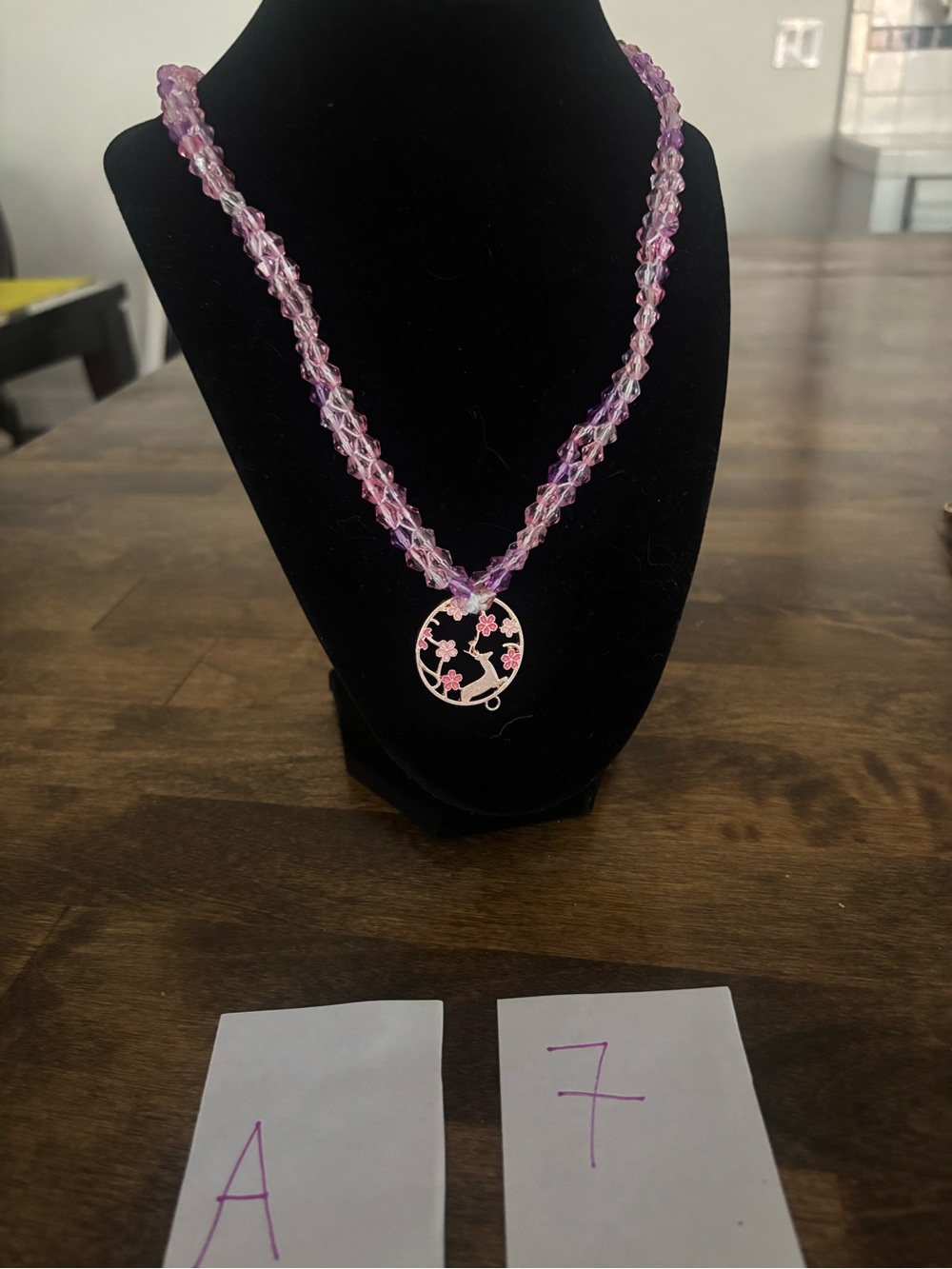 Pink and Purple Beaded Necklace with Floral Circle Pendant